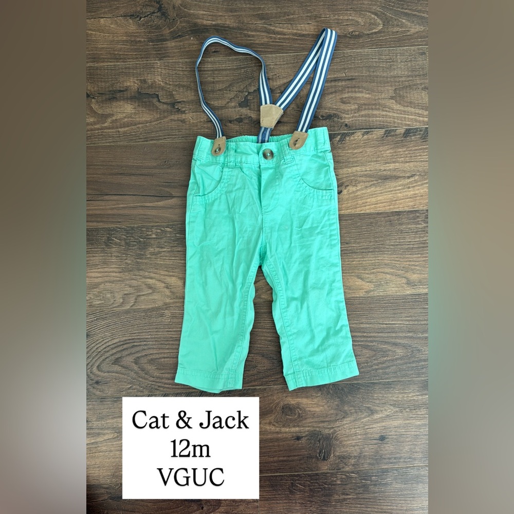 Cat & Jack Green Overalls with Striped Suspenders